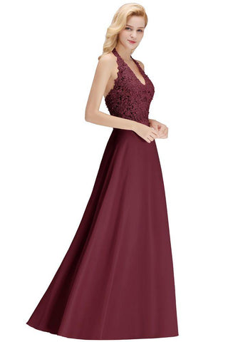 Neckholder Ärmelloses Abendkleid mit Blumenapplikationen A-Linie Bodenlanges Brautjungfernkleid