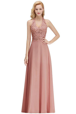 Neckholder Ärmelloses Abendkleid mit Blumenapplikationen A-Linie Bodenlanges Brautjungfernkleid