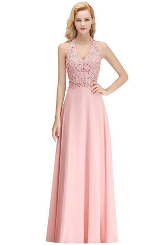Neckholder Ärmelloses Abendkleid mit Blumenapplikationen A-Linie Bodenlanges Brautjungfernkleid