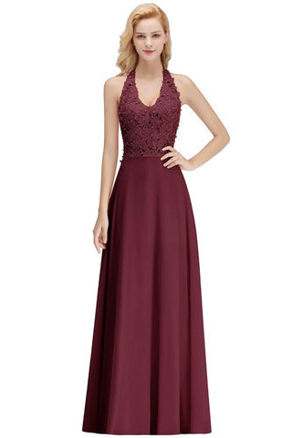 Neckholder Ärmelloses Abendkleid mit Blumenapplikationen A-Linie Bodenlanges Brautjungfernkleid