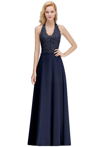 Neckholder Ärmelloses Abendkleid mit Blumenapplikationen A-Linie Bodenlanges Brautjungfernkleid