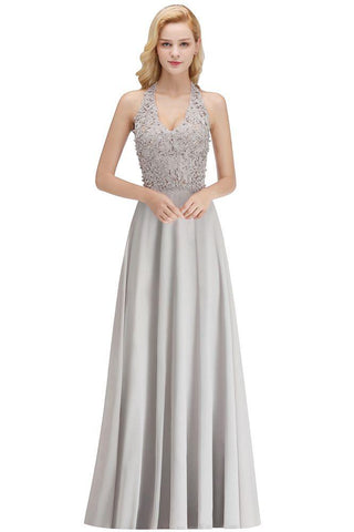 Neckholder Ärmelloses Abendkleid mit Blumenapplikationen A-Linie Bodenlanges Brautjungfernkleid