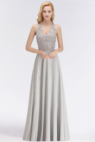 Neckholder Ärmelloses Abendkleid mit Blumenapplikationen A-Linie Bodenlanges Brautjungfernkleid