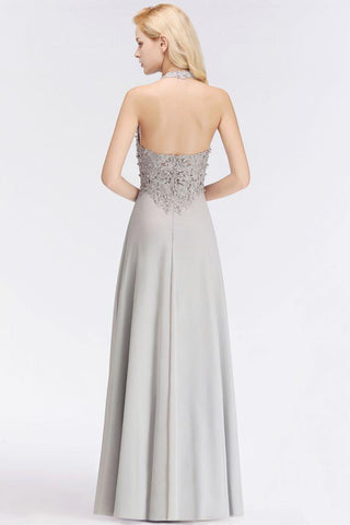 Neckholder Ärmelloses Abendkleid mit Blumenapplikationen A-Linie Bodenlanges Brautjungfernkleid
