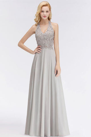 Neckholder Ärmelloses Abendkleid mit Blumenapplikationen A-Linie Bodenlanges Brautjungfernkleid