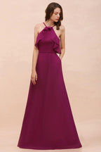 Halter Sleeveless Purple Bridesmaid Dress with Side Pockets