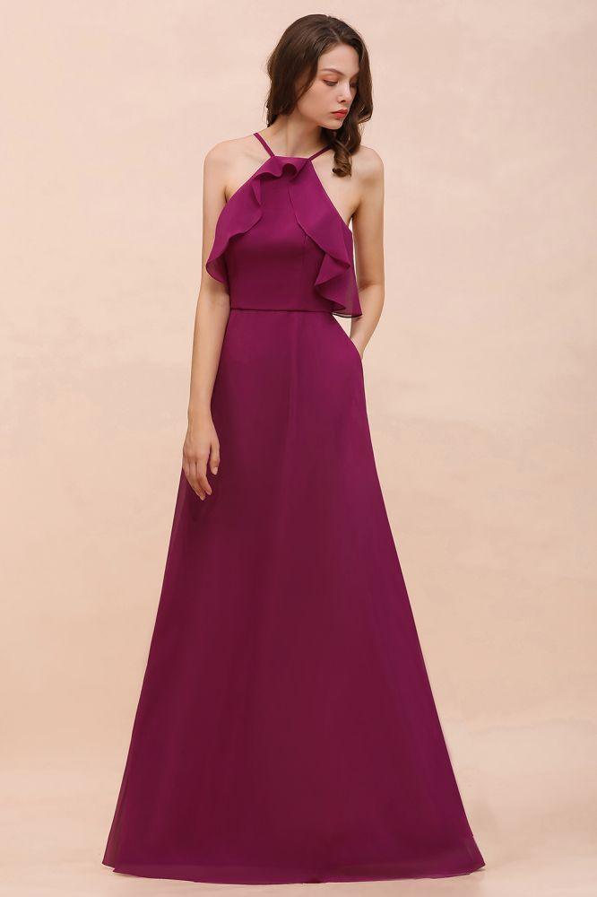 Halter Sleeveless Purple Bridesmaid Dress with Side Pockets