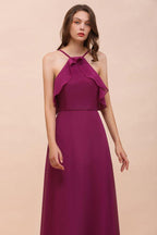 Halter Sleeveless Purple Bridesmaid Dress with Side Pockets