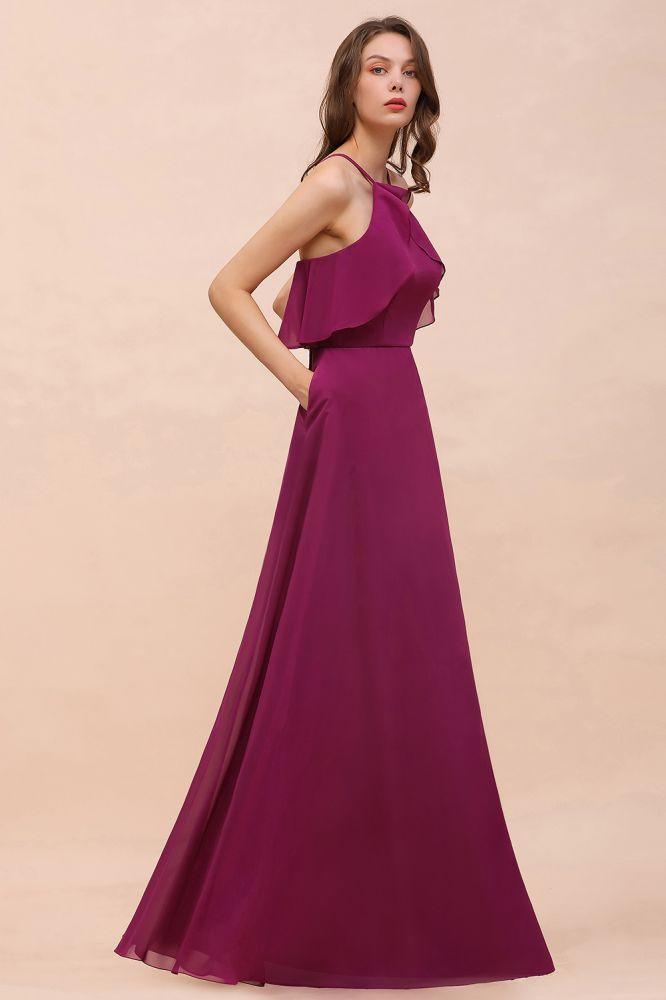 Halter Sleeveless Purple Bridesmaid Dress with Side Pockets