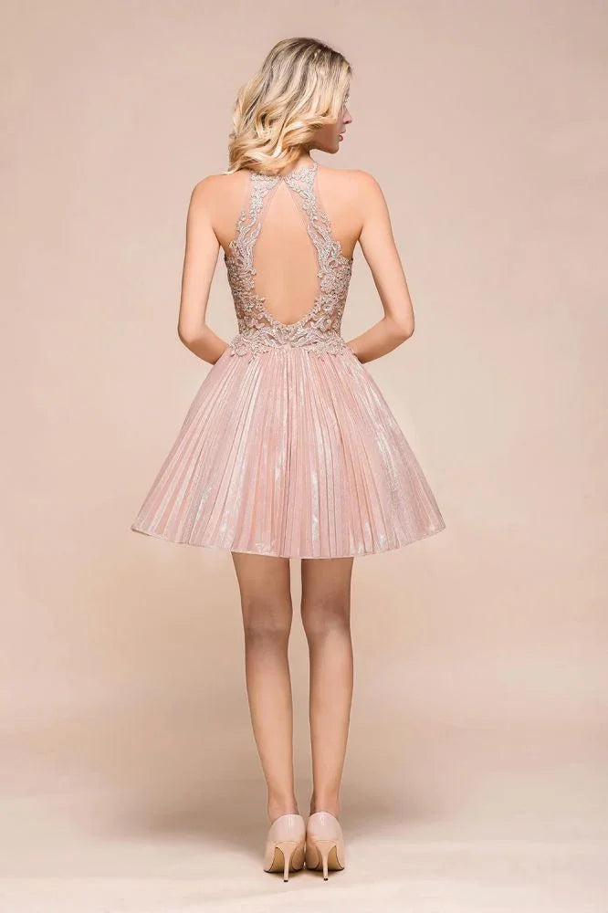 Trägerbesetztes Glitzer-Kurzballkleid für den Homecoming-Anlass mit Blumen-Spitze, A-Linie, Knie lang