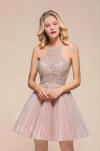Trägerbesetztes Glitzer-Kurzballkleid für den Homecoming-Anlass mit Blumen-Spitze, A-Linie, Knie lang