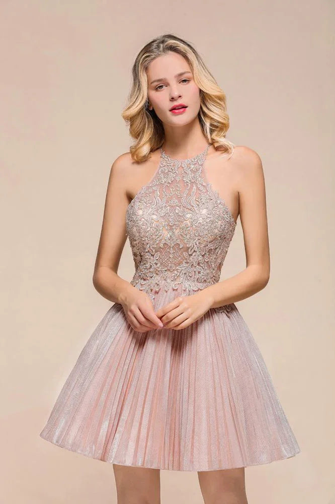 Trägerbesetztes Glitzer-Kurzballkleid für den Homecoming-Anlass mit Blumen-Spitze, A-Linie, Knie lang