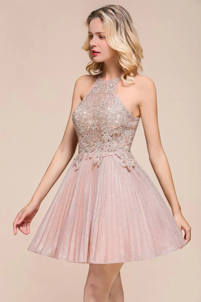 Trägerbesetztes Glitzer-Kurzballkleid für den Homecoming-Anlass mit Blumen-Spitze, A-Linie, Knie lang
