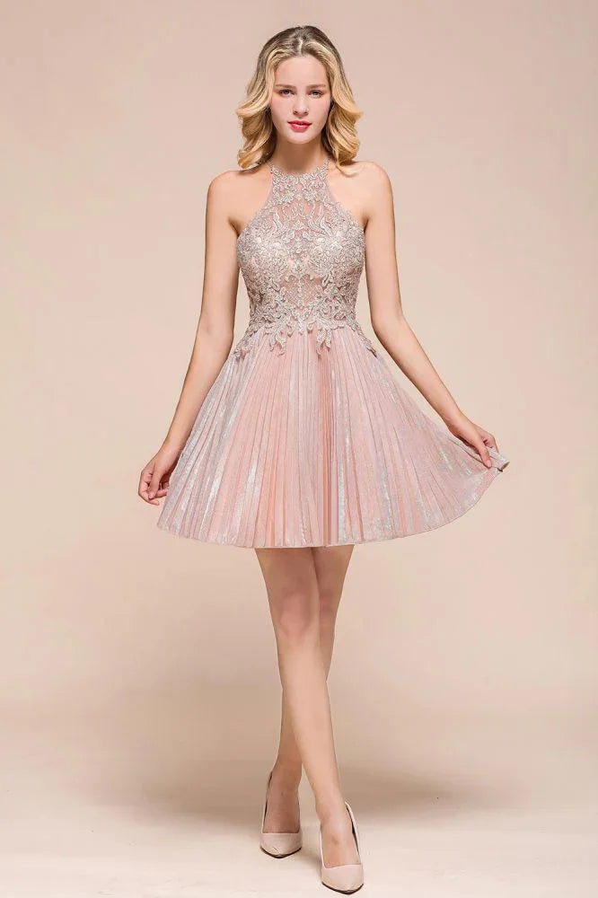 Trägerbesetztes Glitzer-Kurzballkleid für den Homecoming-Anlass mit Blumen-Spitze, A-Linie, Knie lang