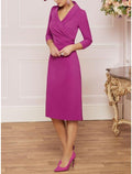 Etuikleid/Säulenkleid für die Mutter der Braut, Hochzeitsgast, elegant, zierlich, V-Ausschnitt, knielang, Satin, 3/4-Ärmel mit Rüschen, einfarbig