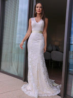 Sheath/Column Lace V-neck Sash/Ribbon/Belt Sleeveless Sweep/Brush Train Wedding Dresses