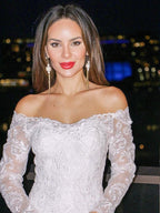 Sheath/Column Lace Off-the-Shoulder Long Sleeves Court Train Wedding Dresses