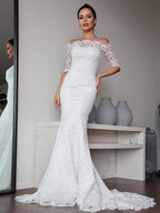 Sheath/Column Lace Ruffles Off-the-Shoulder 1/2 Sleeves Sweep/Brush Train Wedding Dresses