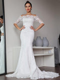 Abito da Sposa con Scollo Spalla Scoperta, Maniche 1/2, Balze in Pizzo a Fodera/Colonna e Strascico Spazzola