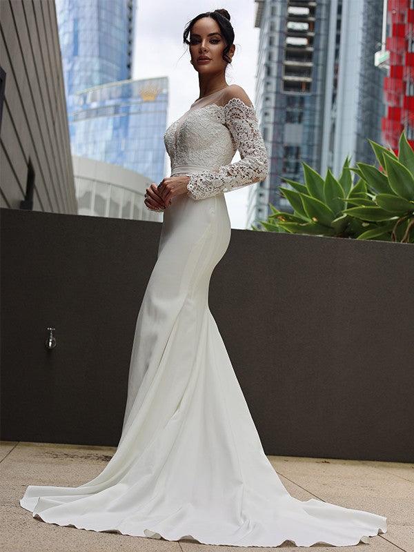 Numbersea Sheath Column Stretch Crepe Lace Scoop Long Sleeves Sweep/Brush Train Wedding Dresses