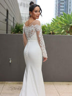 Numbersea Sheath Column Stretch Crepe Lace Scoop Long Sleeves Sweep/Brush Train Wedding Dresses