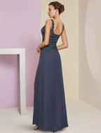 Vestido tubinho/coluna para mãe da noiva, festa de casamento, elegante, decote em V, comprimento até ao chão, chiffon, renda, sem mangas, com pregas, lantejoulas