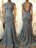 Trumpet/Mermaid Lace Ruched High Neck Short Sleeves Sweep/Brush Train Mother of the Bride Dresses