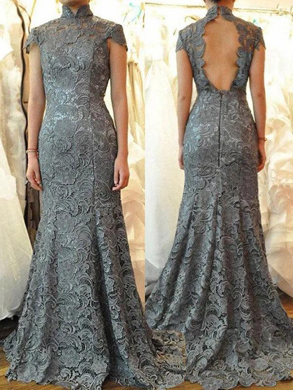 Vestidos de mãe da noiva trompete/sereia, renda, franzido, gola alta, manga curta, cauda longa/escova