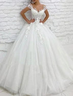 Formal Wedding Dresses Ball Gown V Neck Cap Sleeve Chapel Train Lace Bridal Gowns With Appliques