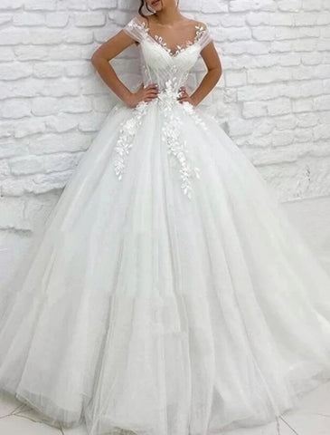 Formelle Brautkleider Ballkleid V-Ausschnitt Flügelärmel Kapelle Schleppe Spitze Brautkleider mit Applikationen