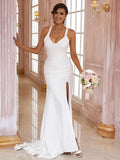 Robe de mariée Numbersea Sheath Colonne Stretch Crêpe Nœud Papillon Col en V Sans Manches Traîne Balayage/Brosse