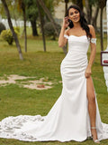 Robe de mariée Numbersea Sheath Colonne Stretch Crêpe Dentelle Épaules Dénudées Sans Manches Traîne Cathédrale
