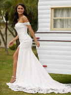 Numbersea Sheath Column Stretch Crepe Lace Off-the-Shoulder Sleeveless Cathedral Train Wedding Dresses