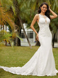 Abito da Sposa in Crepe Elasticizzato con Scollo a V Senza Maniche, Strascico Cattedrale e Pizzo a Fodera/Colonna