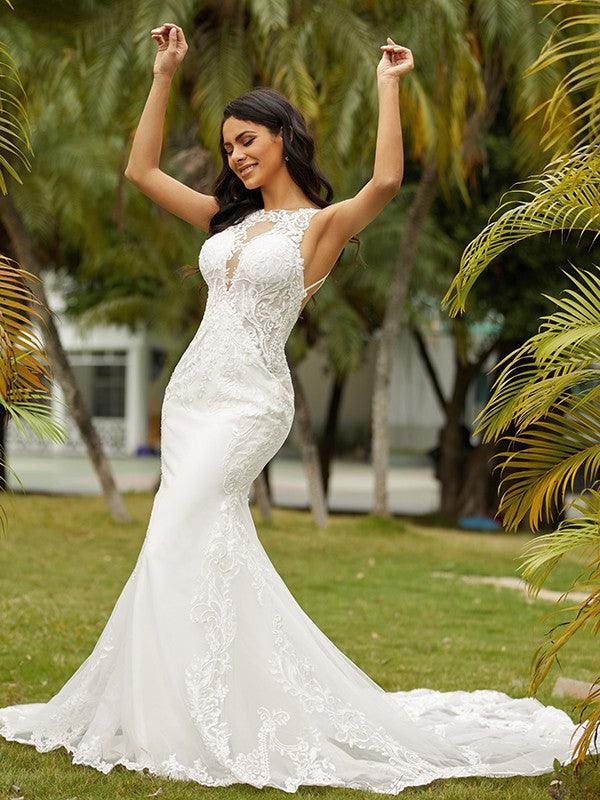 Abito da Sposa in Crepe Elasticizzato con Scollo a V Senza Maniche, Strascico Cattedrale e Pizzo a Fodera/Colonna