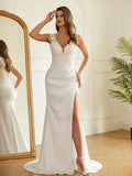 Etui-Linie Charmeuse Spitze V-Ausschnitt Ärmellos Sweep/Pinsel zug Brautkleider