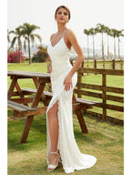 Sheath/Column Jersey Ruched V-neck Sleeveless Sweep/Brush Train Wedding Dresses