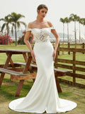 Robe de mariée Numbersea Sheath Colonne Stretch Crêpe Dentelle Épaules Dénudées Sans Manches Traîne Cour