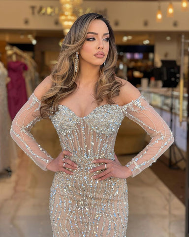 Long Sleeves Mermaid Sweetheart Tulle Beads Evening Dresses