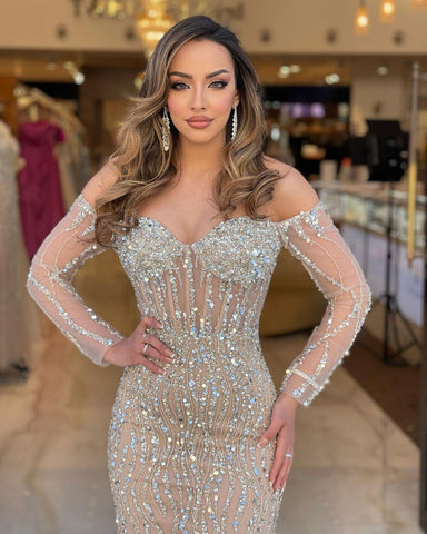 Long Sleeves Mermaid Sweetheart Tulle Beads Evening Dresses