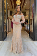 Vestidos de Noche de Tul con Cuentas, Escote de Corazón y Mangas Largas en Estilo Sirena
