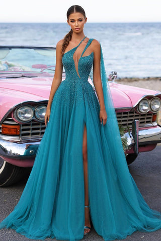 Long A-line One Shoulder Sequin Tulle Evening Dresses with High Slit