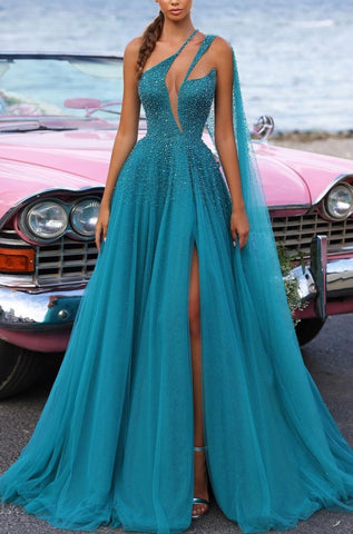 Long A-line One Shoulder Sequin Tulle Evening Dresses with High Slit