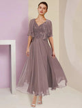 Abito Due Pezzi A-Line per la Madre della Sposa, Cerimonia Formale, Invitato al Matrimonio, Elegante, Scollo a V, Lunghezza Tè, Chiffon, Pizzo, Manica Corta, Abiti con Giacca e Piega Sottile, Appliques