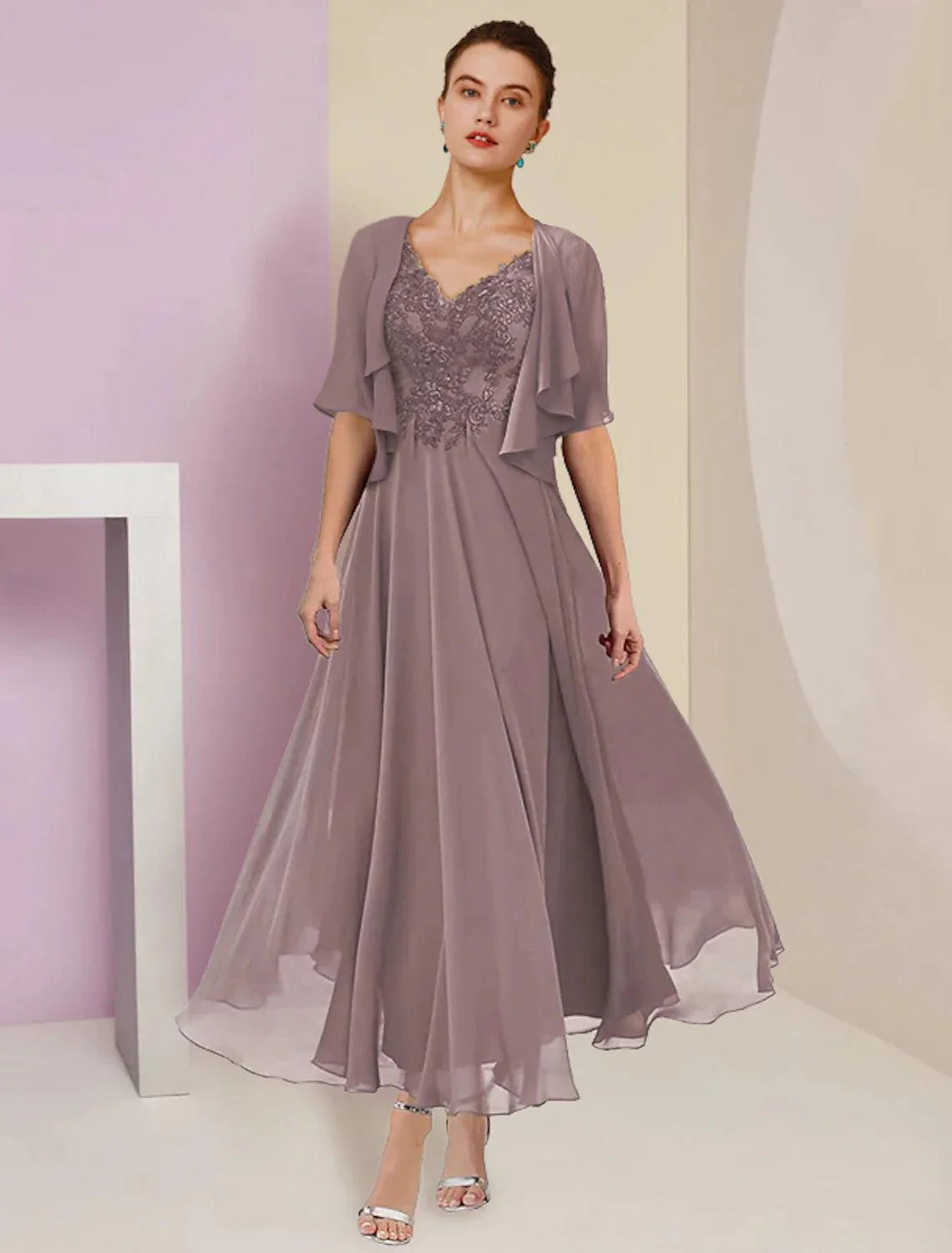 Vestido de mãe da noiva em duas peças, corte A, formal, para convidada de casamento, elegante, decote em V, comprimento chá, chiffon, renda, manga curta, casaco, vestidos com pregas, aplicações