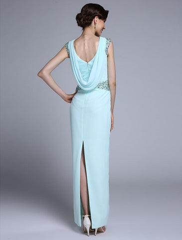 Etuikleid/Säulenkleid für die Brautmutter, elegant, U-Boot-Ausschnitt, knöchellang, Chiffon, ärmellos, mit Kristallen