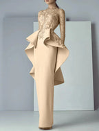 Vestido tubinho/coluna para mãe da noiva, festa formal para convidados de casamento, elegante, decote redondo, comprimento até ao chão, tecido elástico de renda, manga comprida com folhos e aplicações