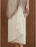 Vestido de mãe da noiva com bainha/coluna, elegante, decote redondo, comprimento até ao tornozelo, cetim, meia manga com folhos de missangas