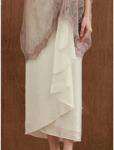 Etuikleid/Säulenkleid für die Brautmutter, elegant, süß, U-Ausschnitt, knöchellang, Satin, halbe Ärmel mit Perlenbesatz und Rüschen
