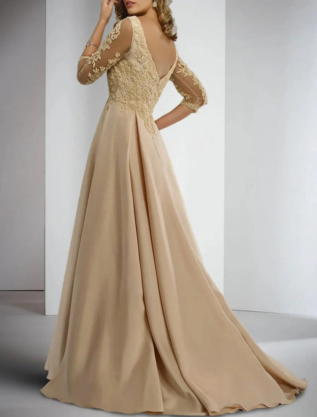 Vestido de mãe da noiva com bainha/coluna, para convidada de casamento formal, elegante, decote em V, comprimento até ao chão, cetim, renda, manga 3/4 com aplicações